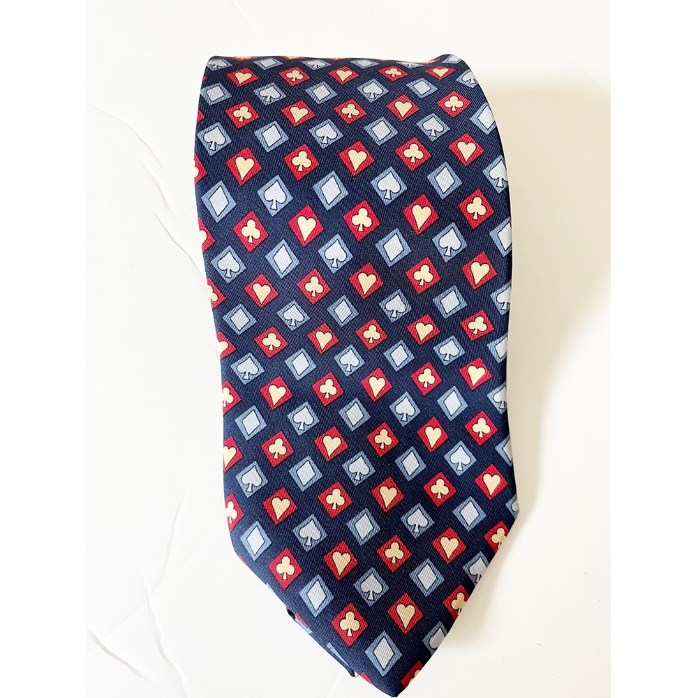 Gucci blue/red/gold card print silk tie